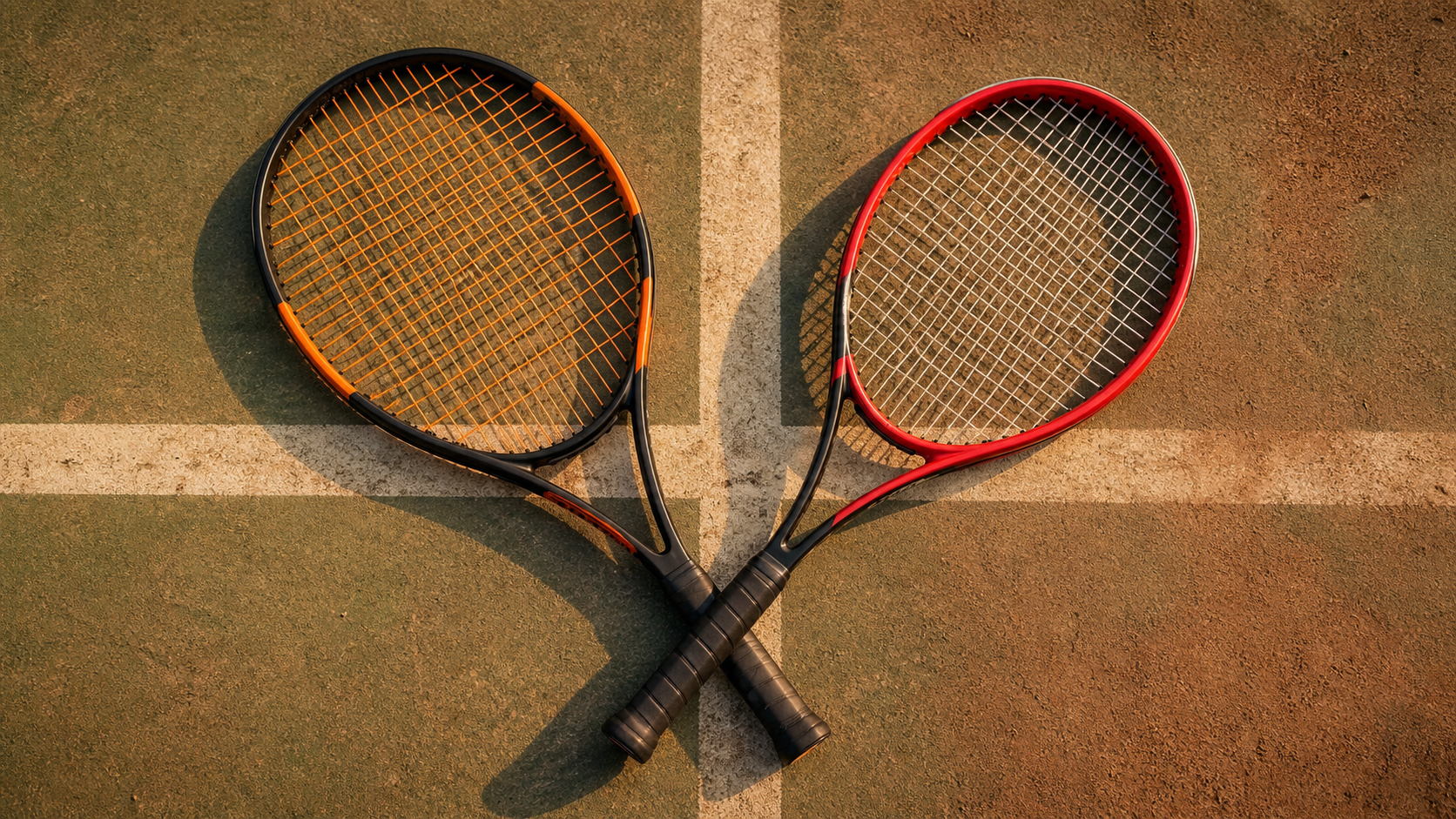HEAD and Wilson tennis rackets crossed on an Indian hard court surface with warm sunlight