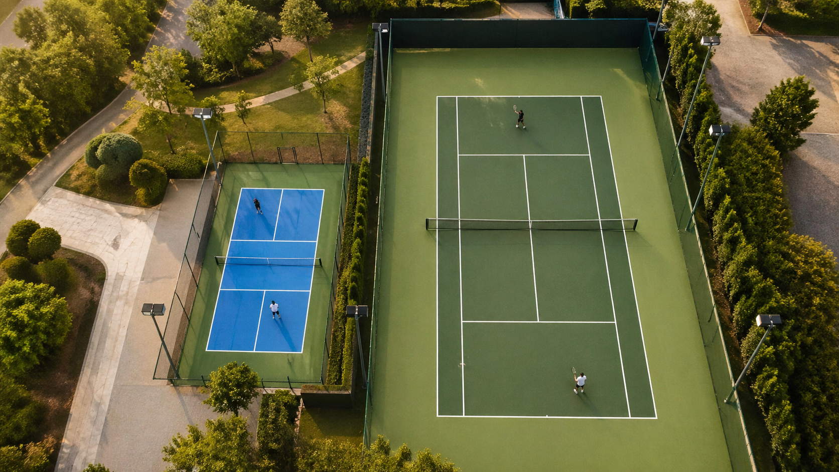 Aerial view comparing a smaller blue pickleball court next to a larger green tennis court at a sports complex