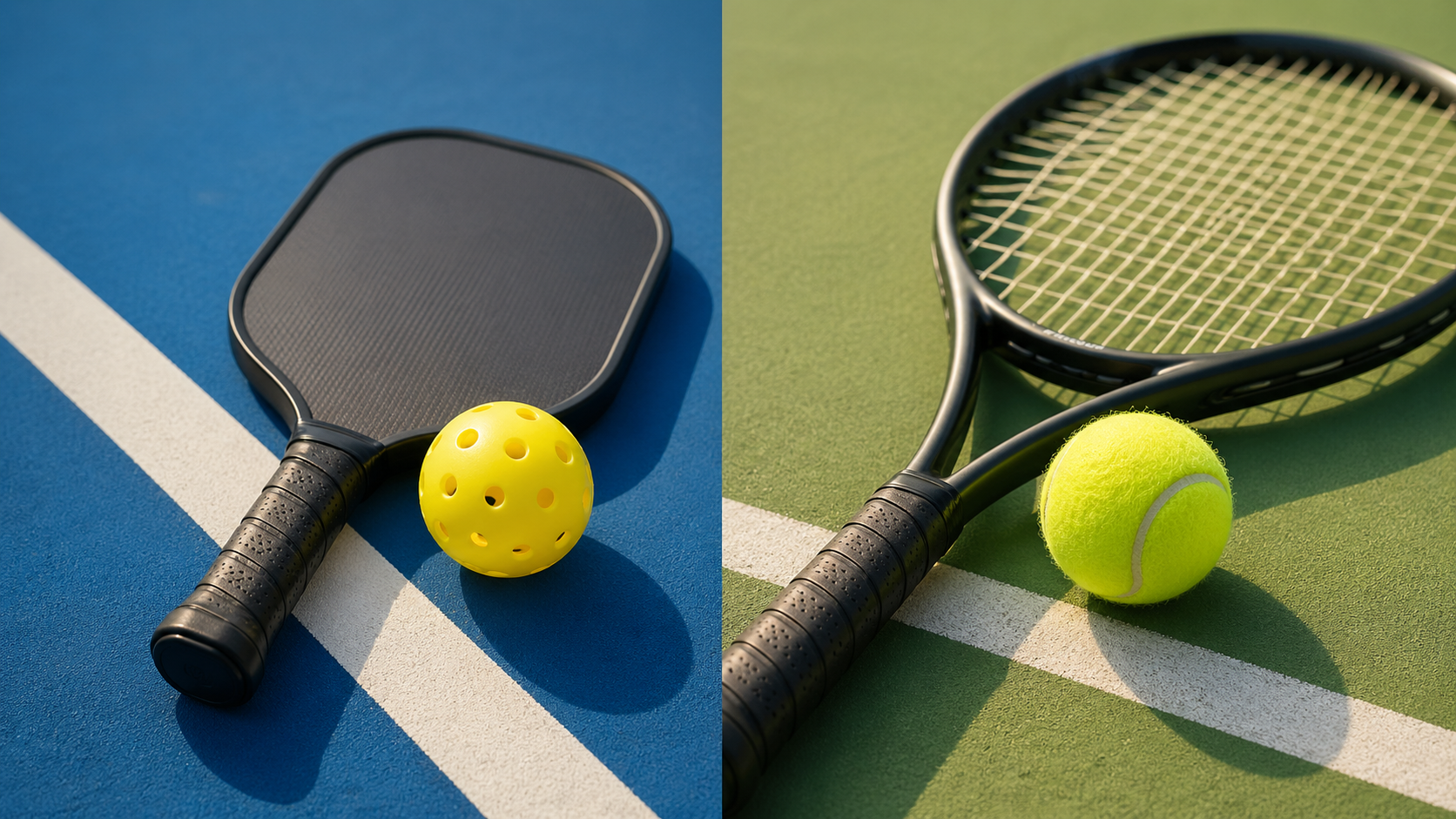 Split comparison of pickleball paddle and ball on blue court vs tennis racket and ball on green court