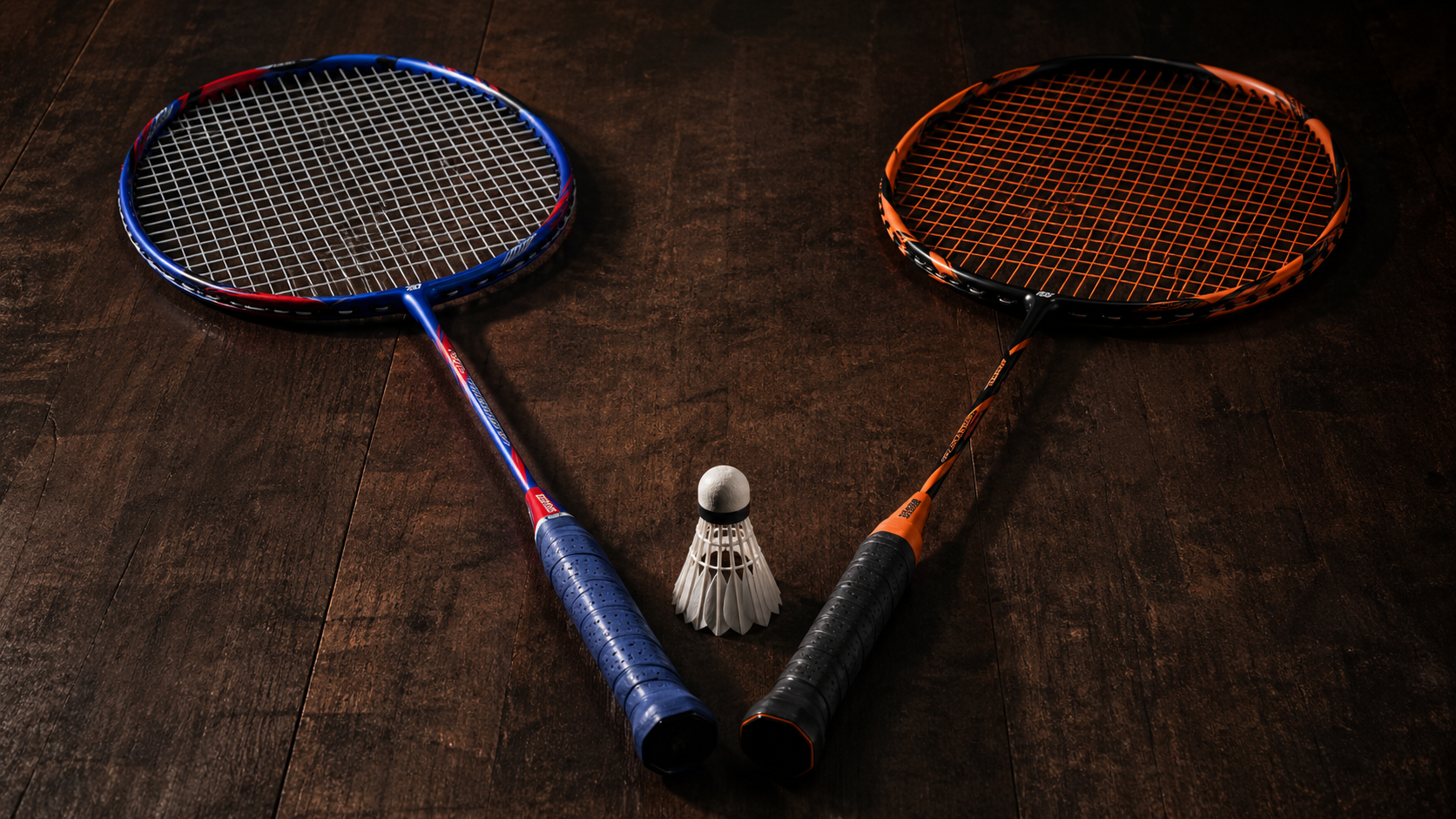 Two badminton rackets in V-formation on dark wooden court surface — blue-red racket on left and orange-black racket on right with shuttlecock between handles, dramatic overhead lighting