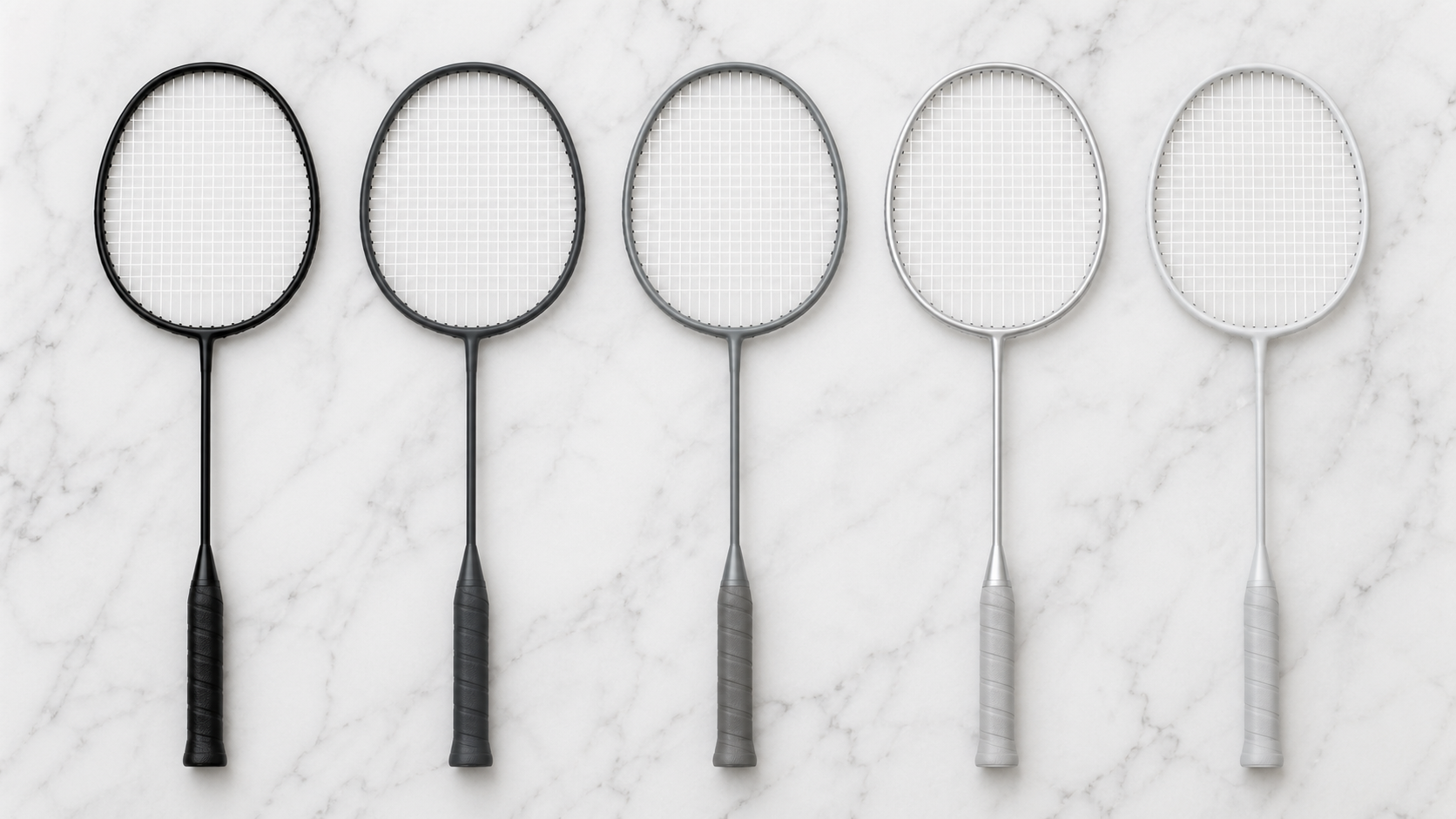 Five badminton rackets arranged by weight from heaviest to lightest on a white marble surface showing colour graduation from dark to light
