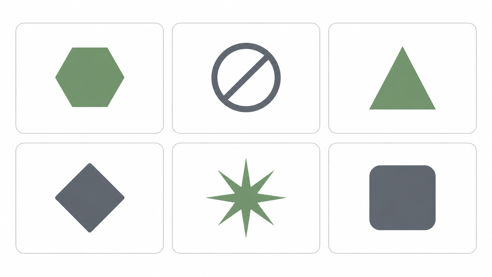 Grid of six geometric brand icon placeholders in green and slate colours representing badminton racket brands