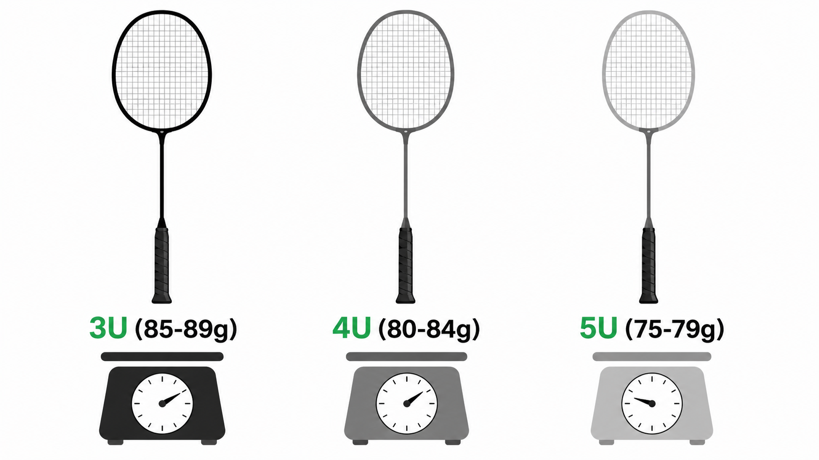 Infographic showing three badminton rackets labelled 3U, 4U, and 5U with digital scale icons beneath each on a white background