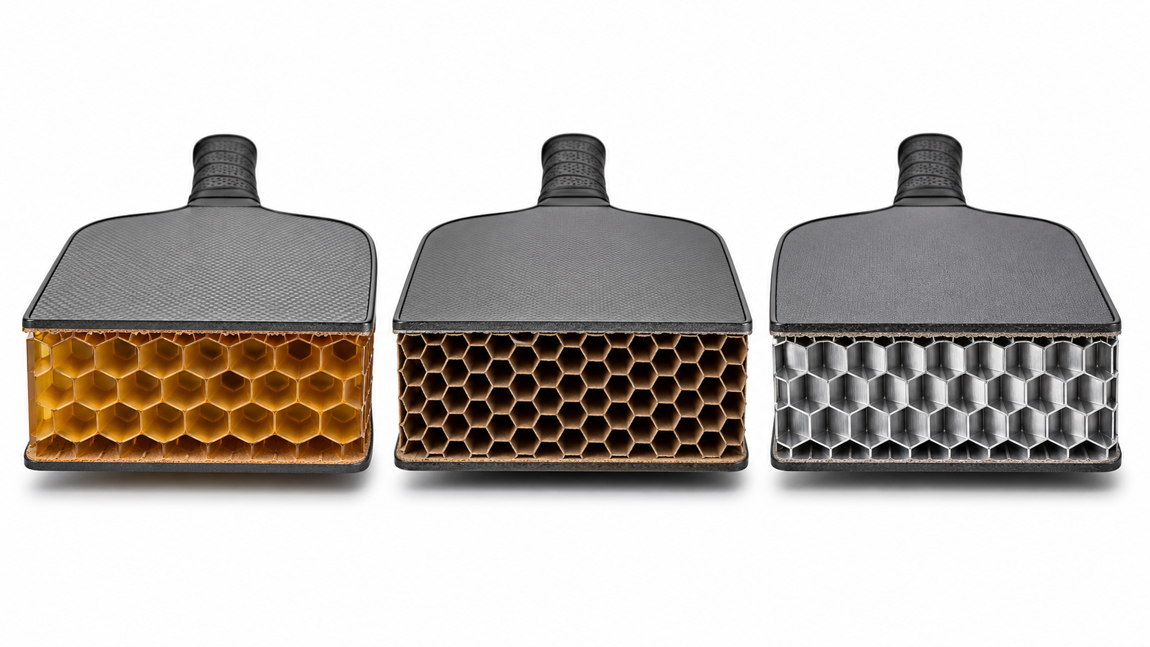 Cross-section illustration of three pickleball paddle cores showing polymer, Nomex, and aluminium honeycomb structures