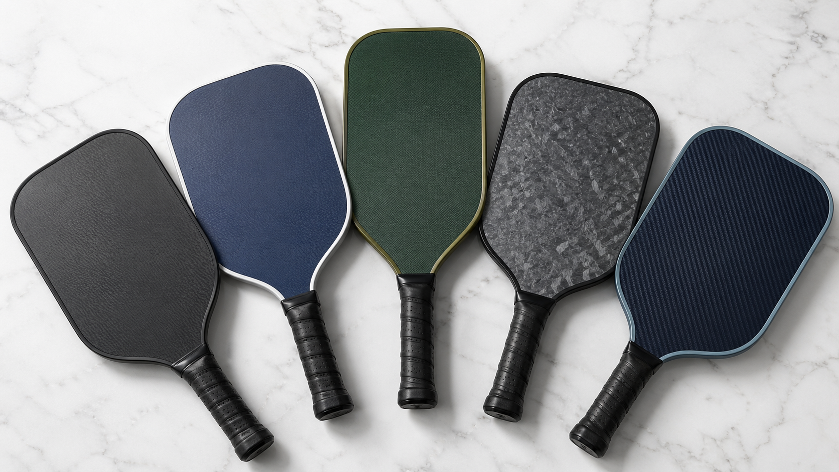 Five different pickleball paddles arranged in a fan spread showing variety in face textures, shapes, and colours