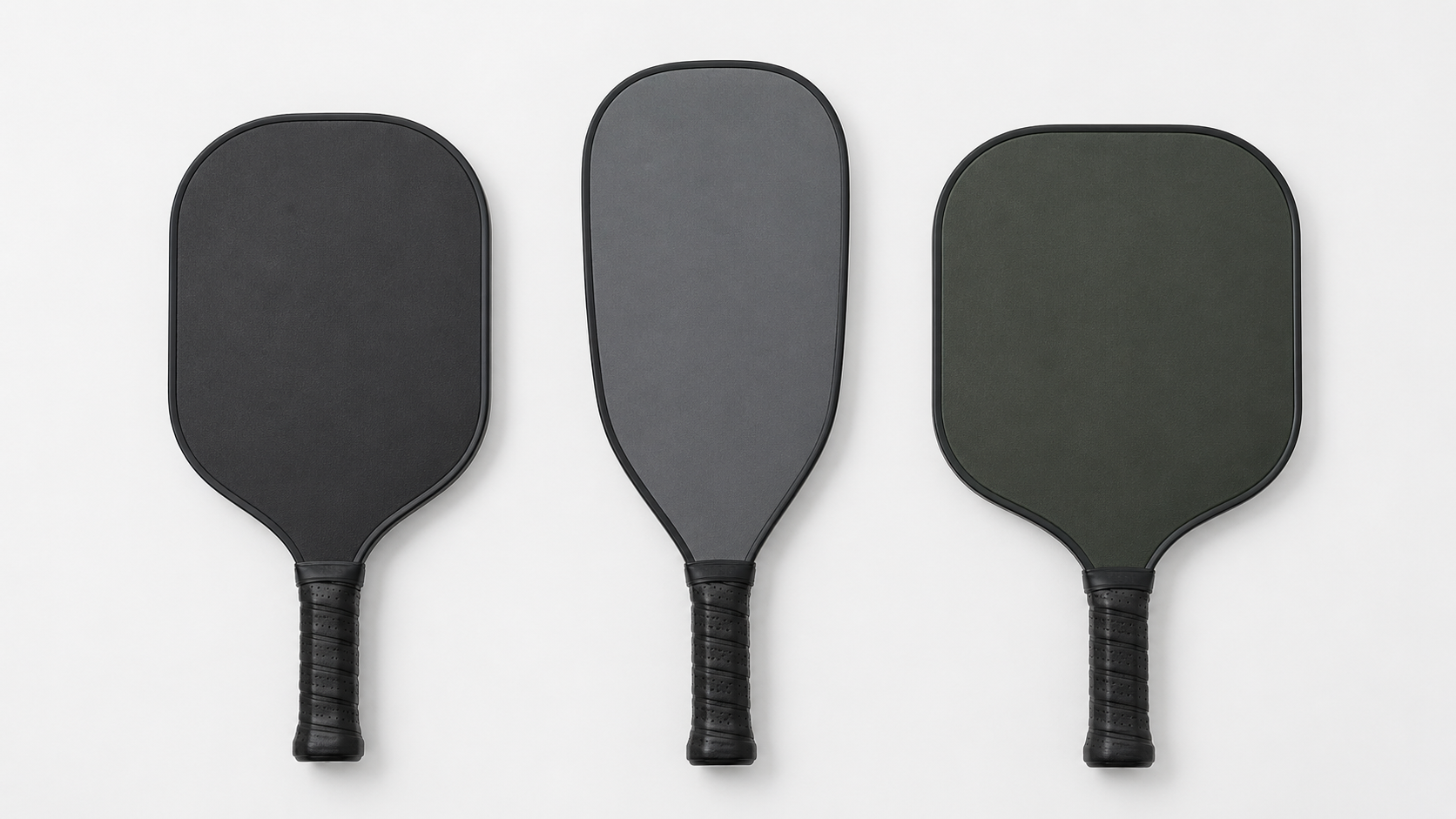 Three pickleball paddles showing standard, elongated, and wide-body shapes side by side