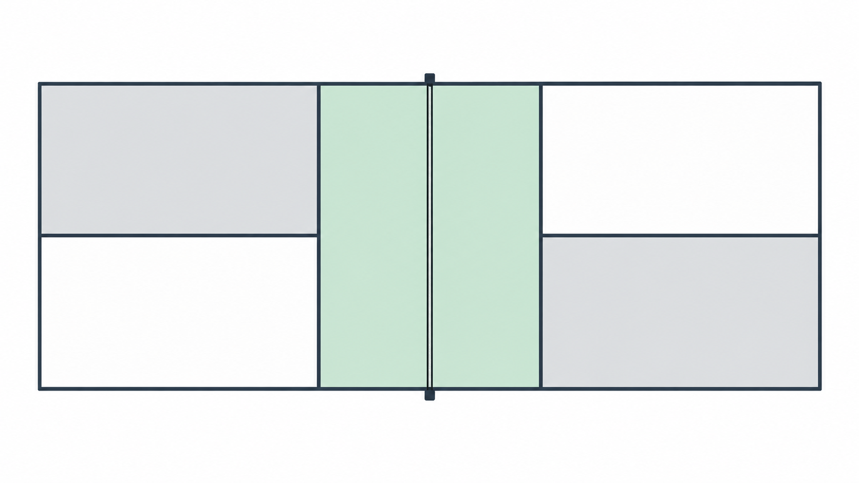 Technical illustration of a pickleball court layout showing kitchen zones, service areas, and court dimensions