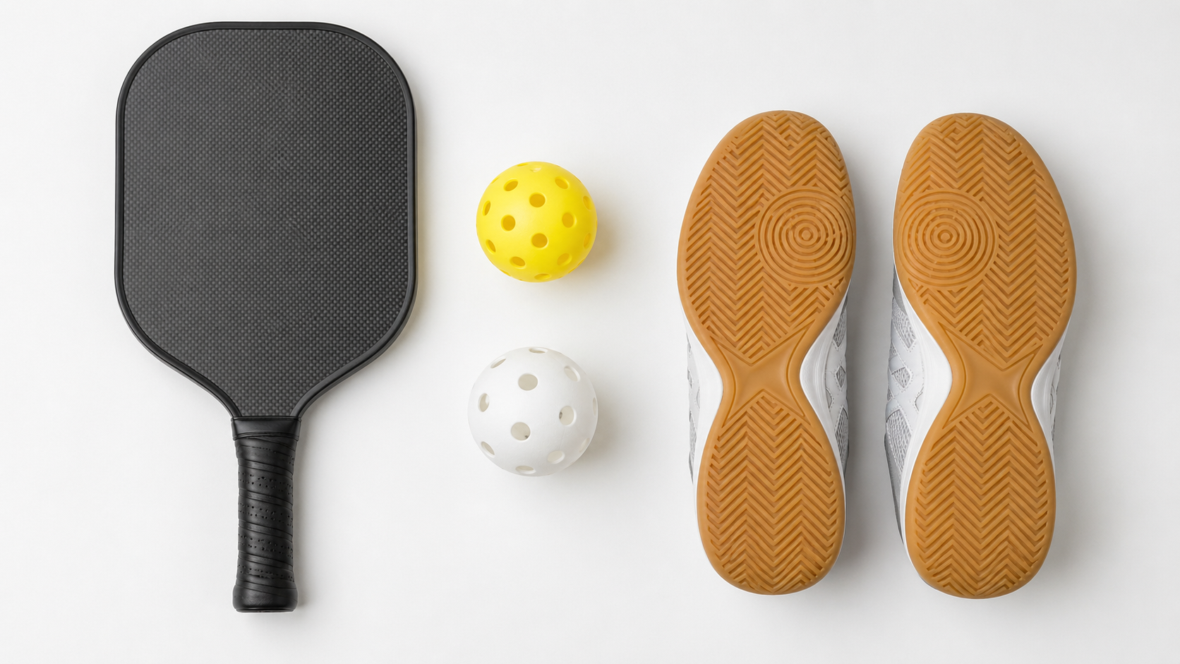 Overhead flat-lay of essential pickleball equipment including paddle, outdoor ball, indoor ball, and court shoes