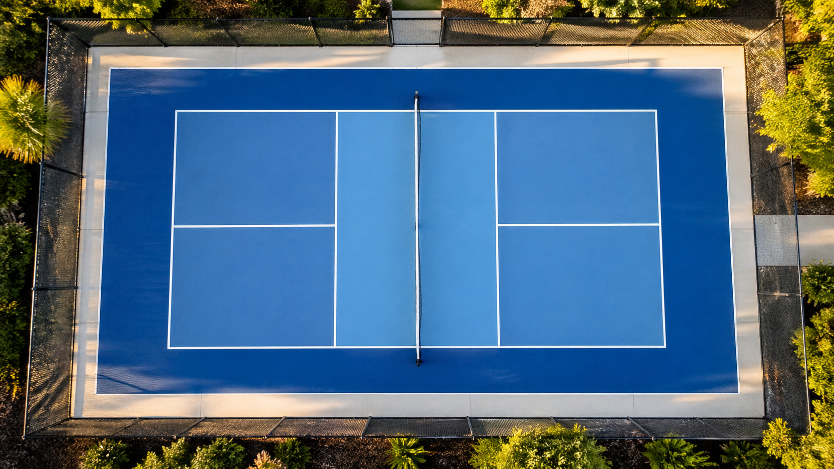 Overhead bird's-eye view of a regulation pickleball court on a sunny day showing blue surface, white boundary lines, and kitchen zone