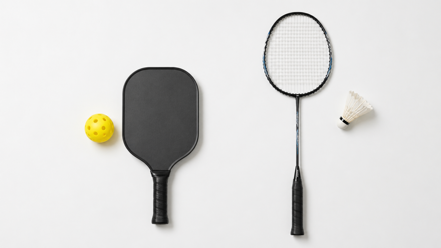 Overhead flat-lay comparing pickleball paddle and ball next to badminton racket and shuttlecock
