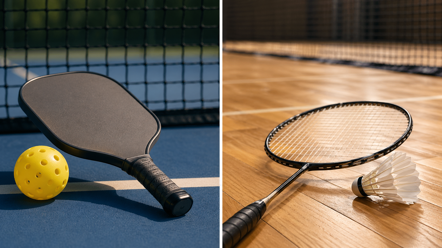 Split composition showing pickleball equipment on a blue court on the left and badminton equipment on a wooden court on the right