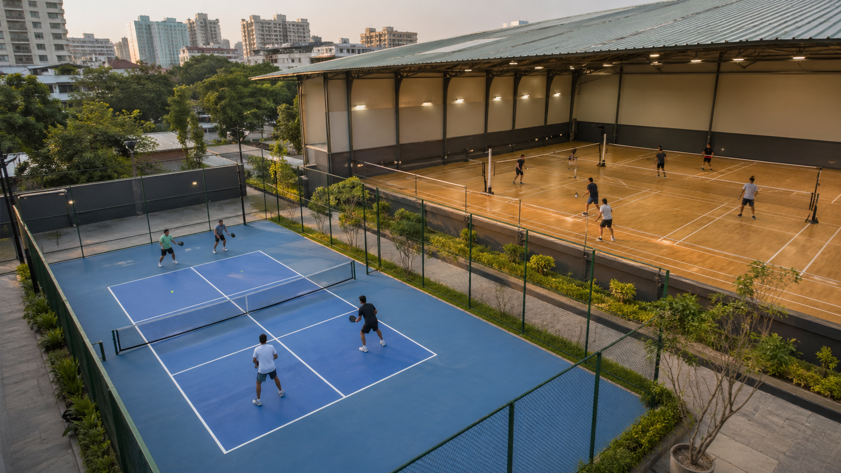 Aerial view of a modern multi-sport facility in India showing pickleball and badminton courts