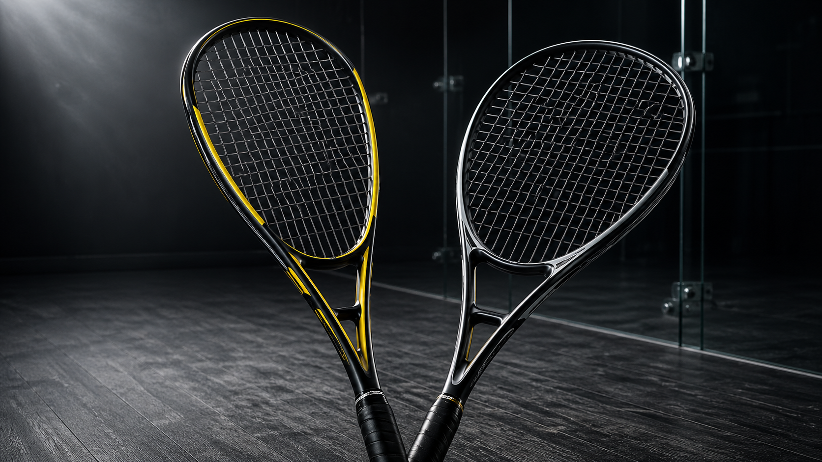 Two premium squash rackets in V-arrangement on dark squash court floor, one black and yellow teardrop head, one black and silver round head