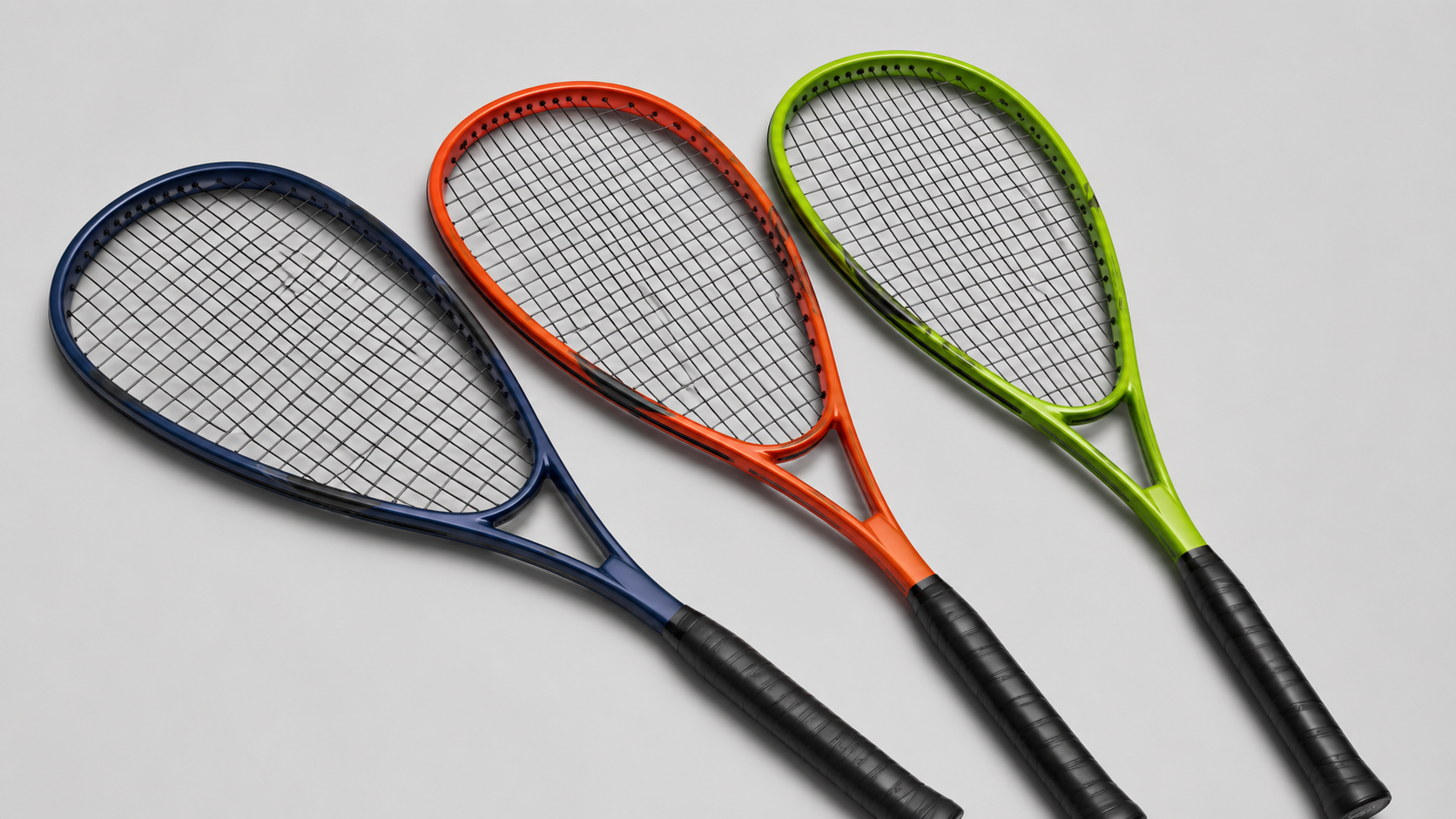 Three squash rackets in stepped cascade arrangement on light grey background, dark blue speed racket, orange-red power racket, and lime green all-round racket