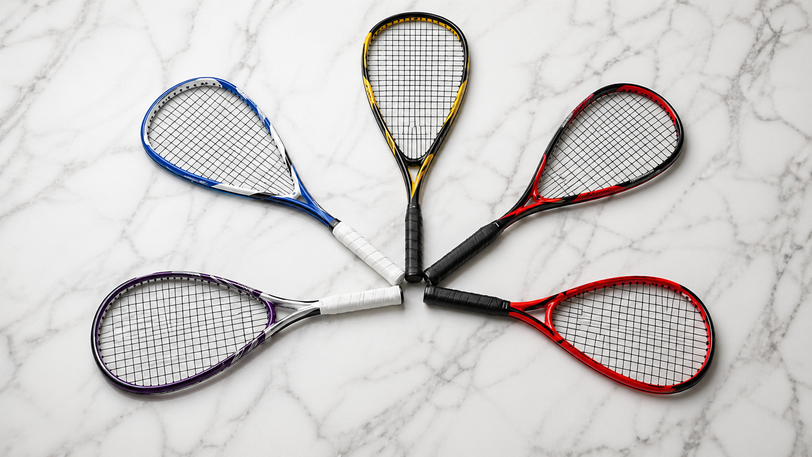 Five squash rackets in different colours arranged in a fan pattern on marble surface representing top squash brands