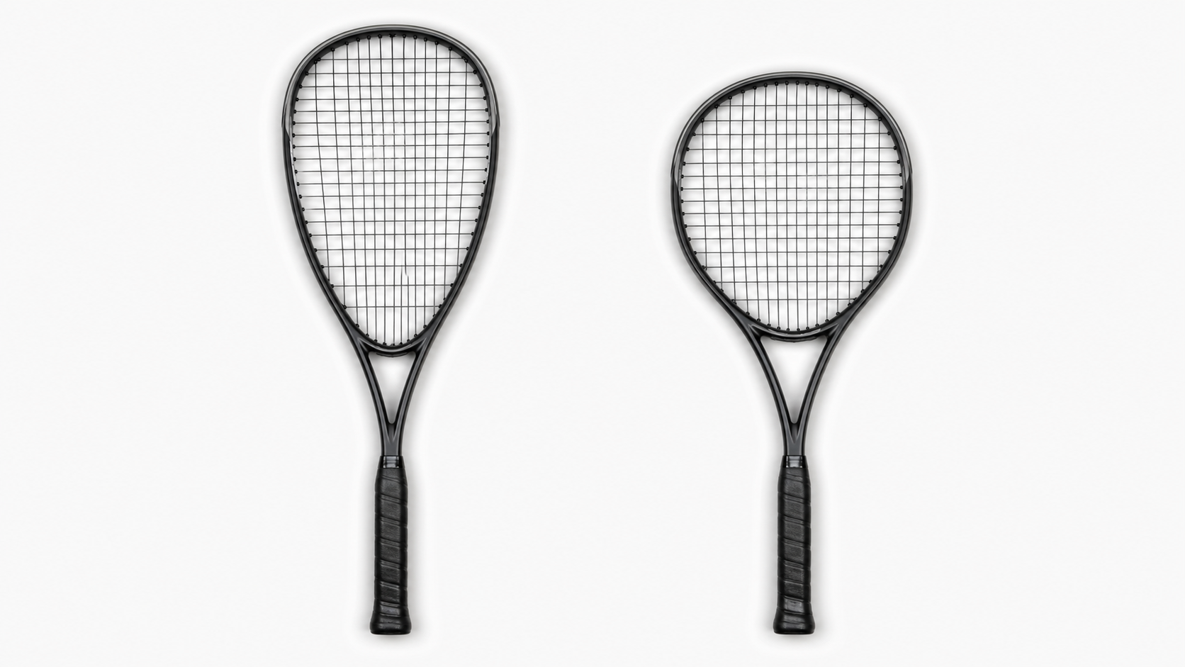 Two squash rackets side by side comparing teardrop and round head shapes