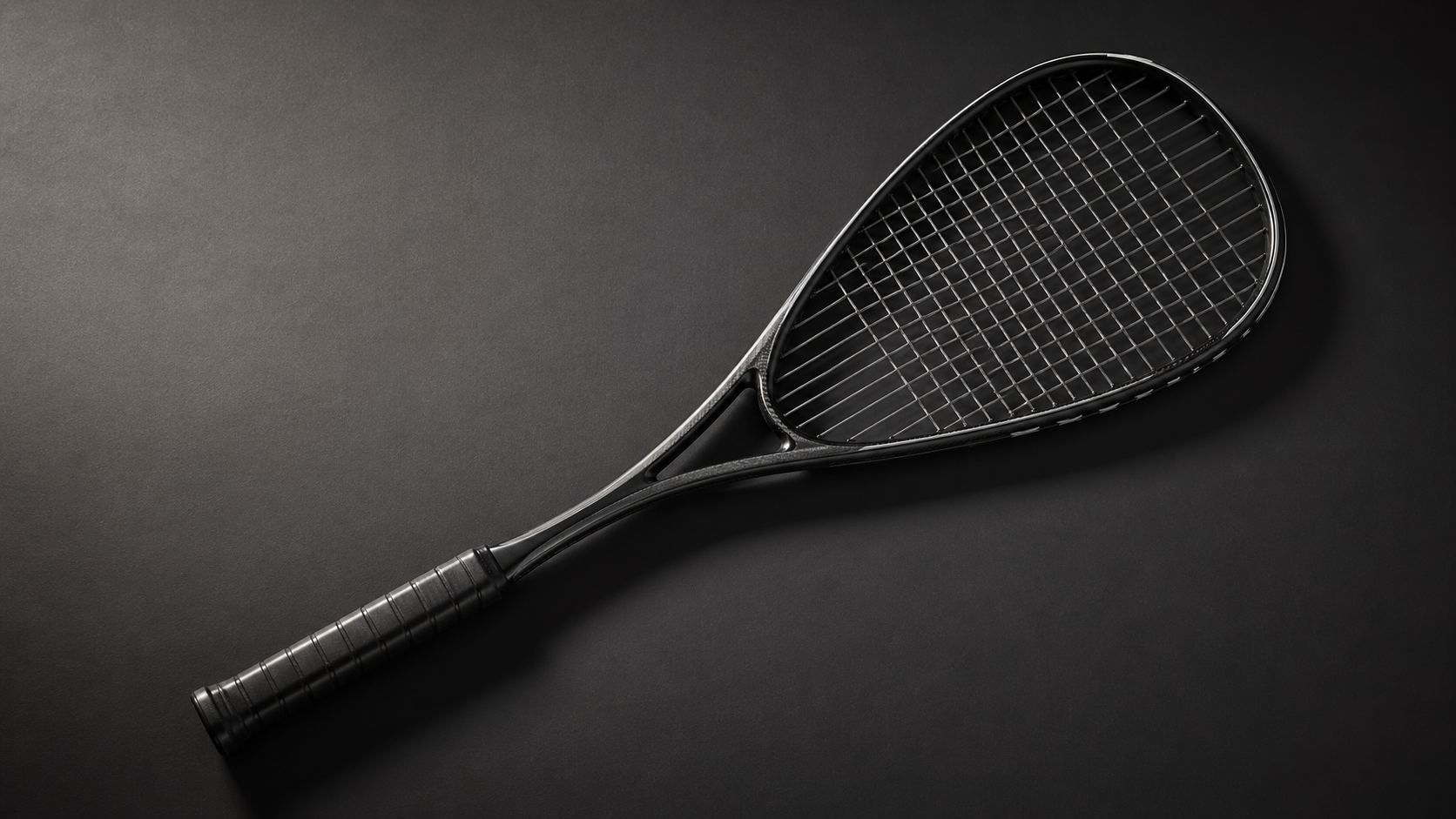 A modern squash racket with teardrop head shape on a dark charcoal surface with dramatic side lighting