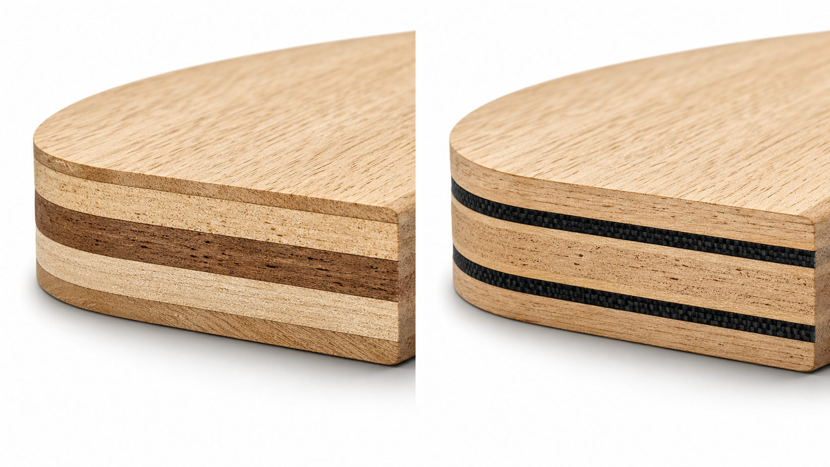 Cross-section comparison of a 5-ply all-wood blade with alternating light and dark wood layers versus a carbon-composite blade with dark carbon fibre sheets sandwiched between wood plies