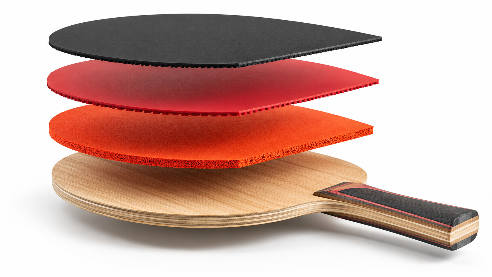 Exploded view of a table tennis racket showing separated layers: wooden blade base, orange sponge layer, red inverted rubber, and black topsheet floating above each other