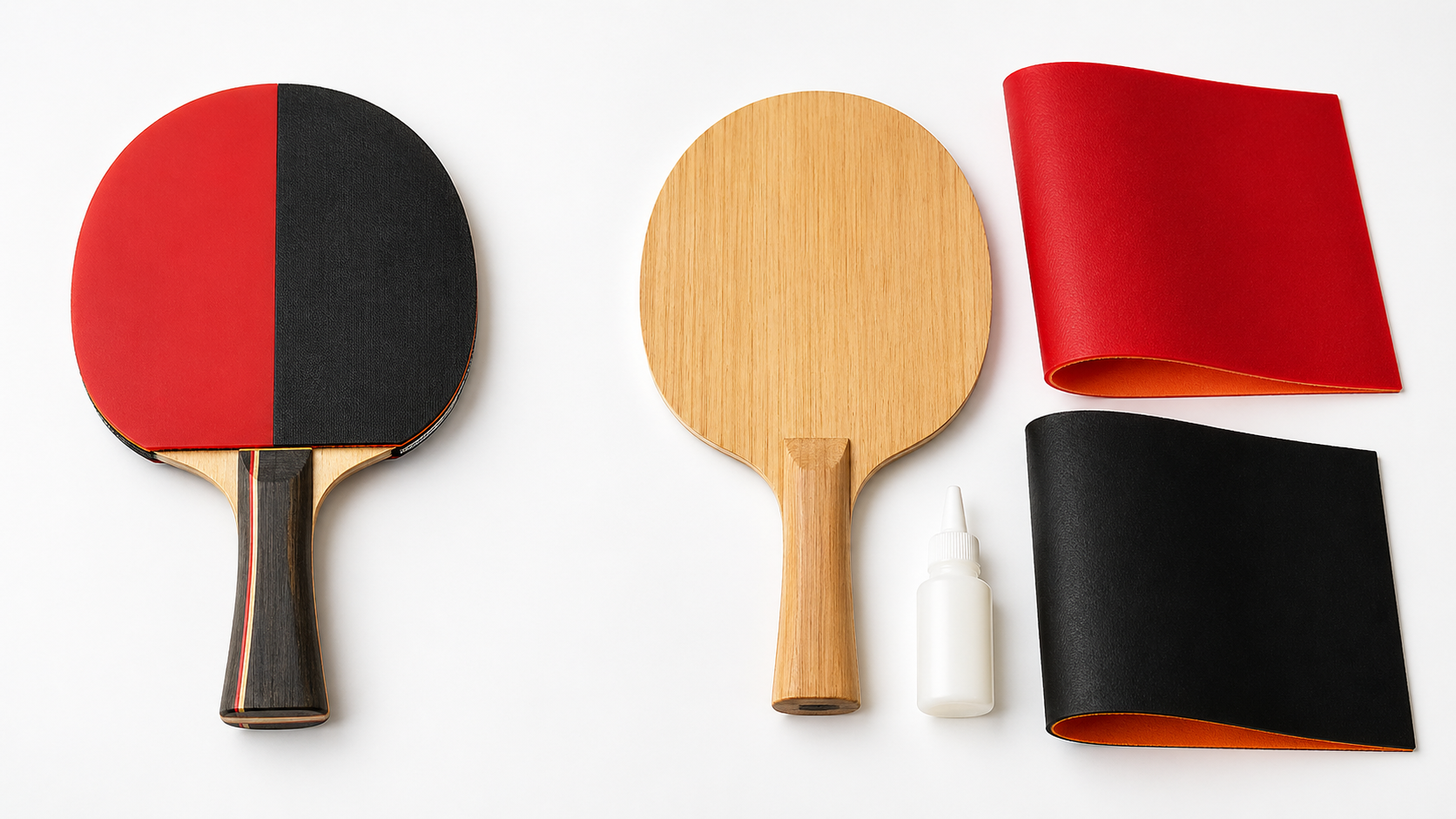 Flat-lay comparison of a complete pre-made table tennis racket with red and black rubber sides versus a bare wooden blade with separate red and black rubber sheets and glue bottle