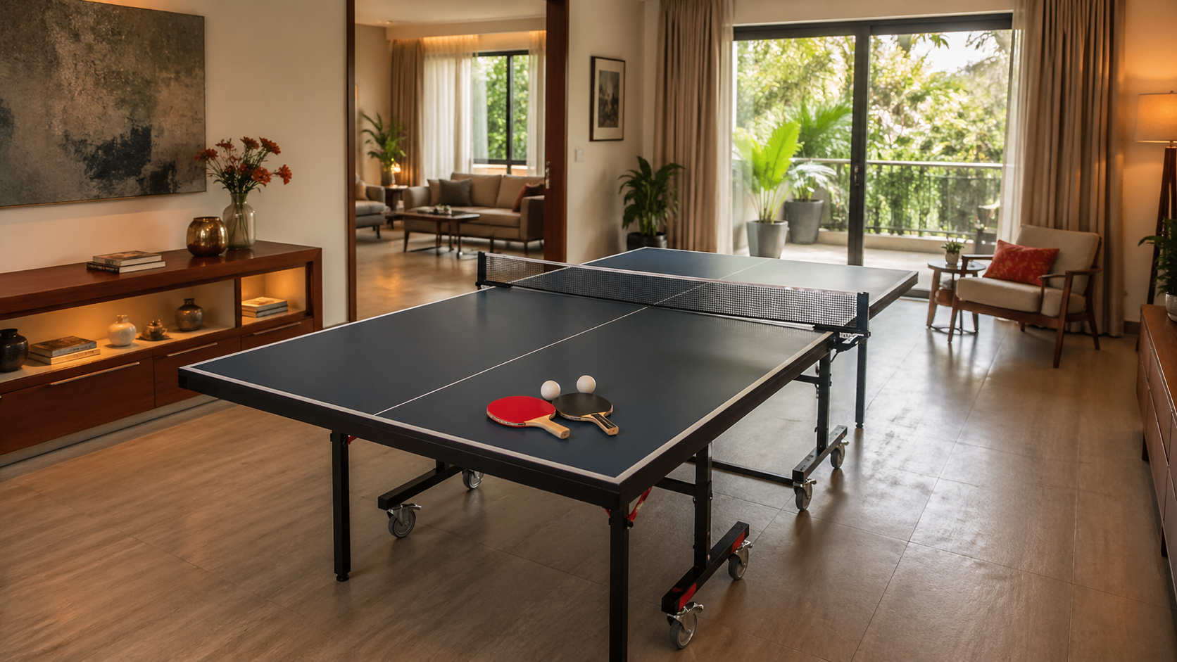 Full-size table tennis table set up in a spacious modern Indian home living room with warm natural lighting, paddles and balls on the dark blue surface, and adequate clearance space around the table
