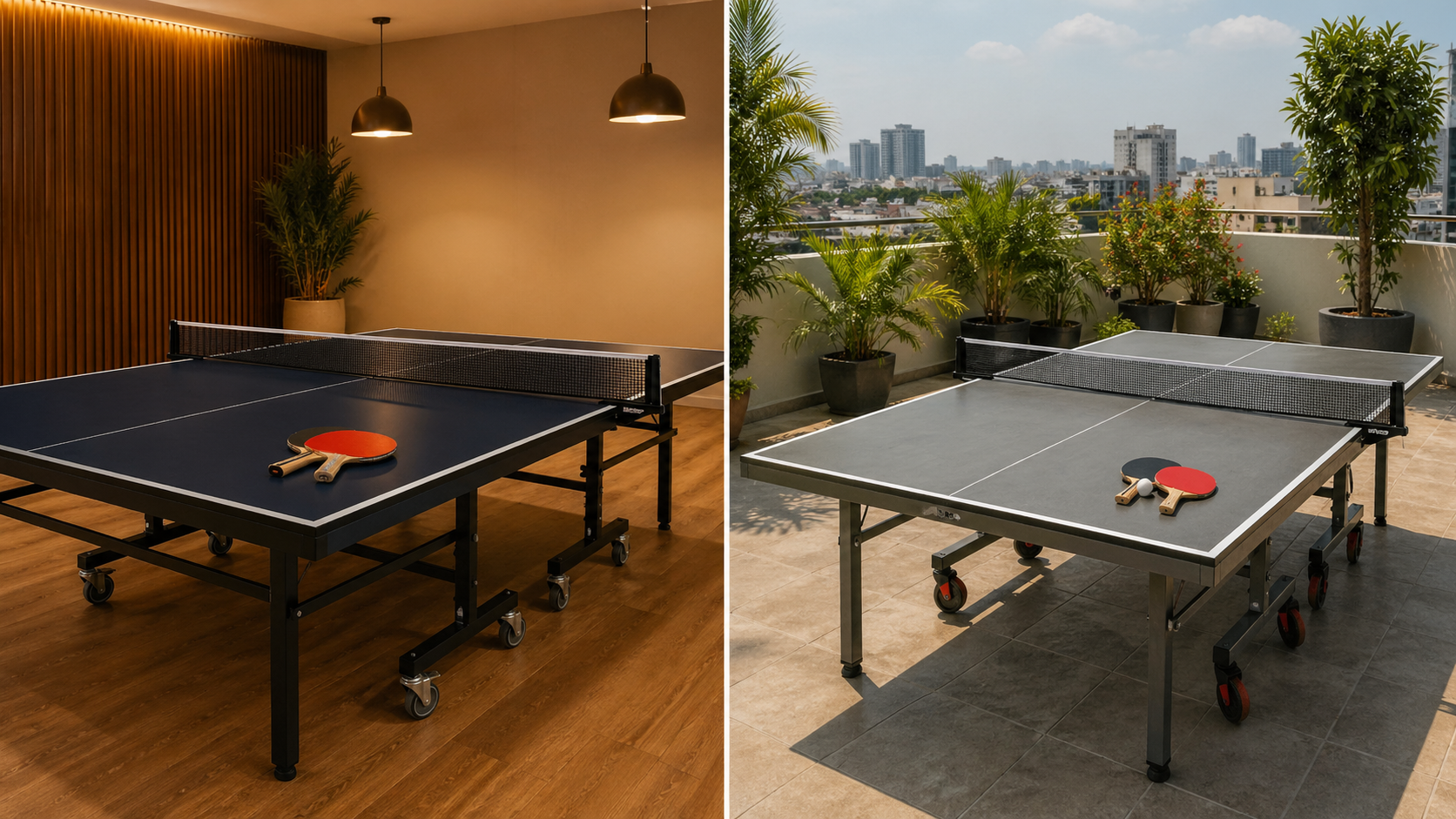 Split comparison of an indoor table tennis table with dark blue MDF top in a warm lit room with wooden flooring versus an outdoor weatherproof table with grey aluminium top on a rooftop terrace with Indian cityscape in the background
