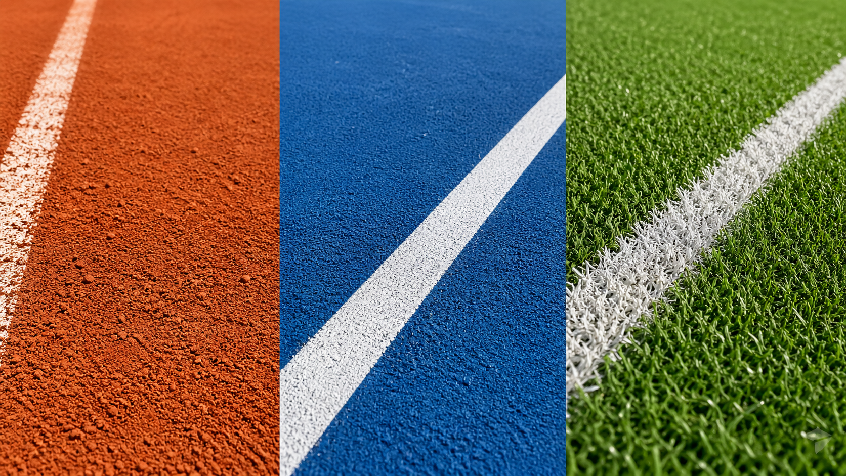 Three-panel image showing close-up textures of red clay court, blue hard court, and green synthetic grass tennis court surfaces