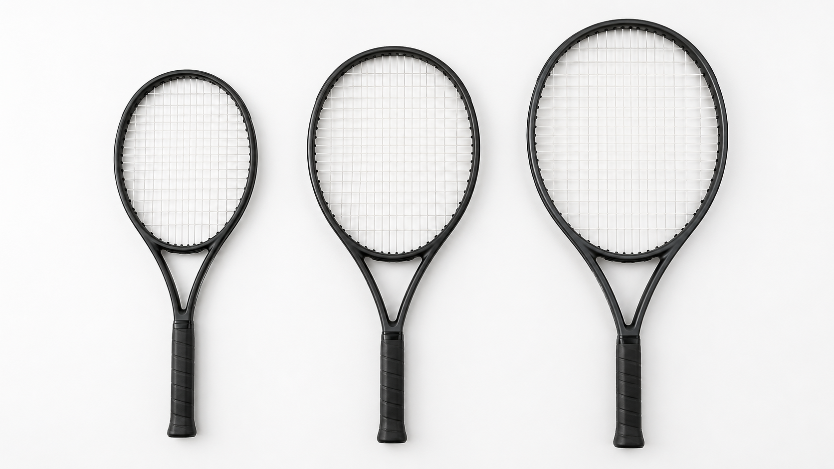 Three tennis rackets with different head sizes arranged side by side on a white background showing clear size progression from small to large