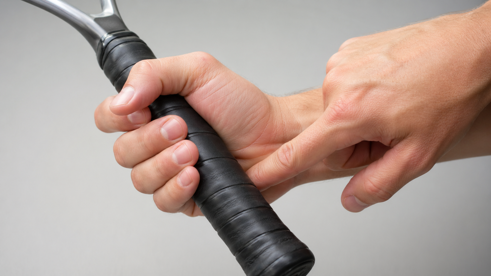 Close-up of two hands demonstrating the index finger gap test on a tennis racket grip