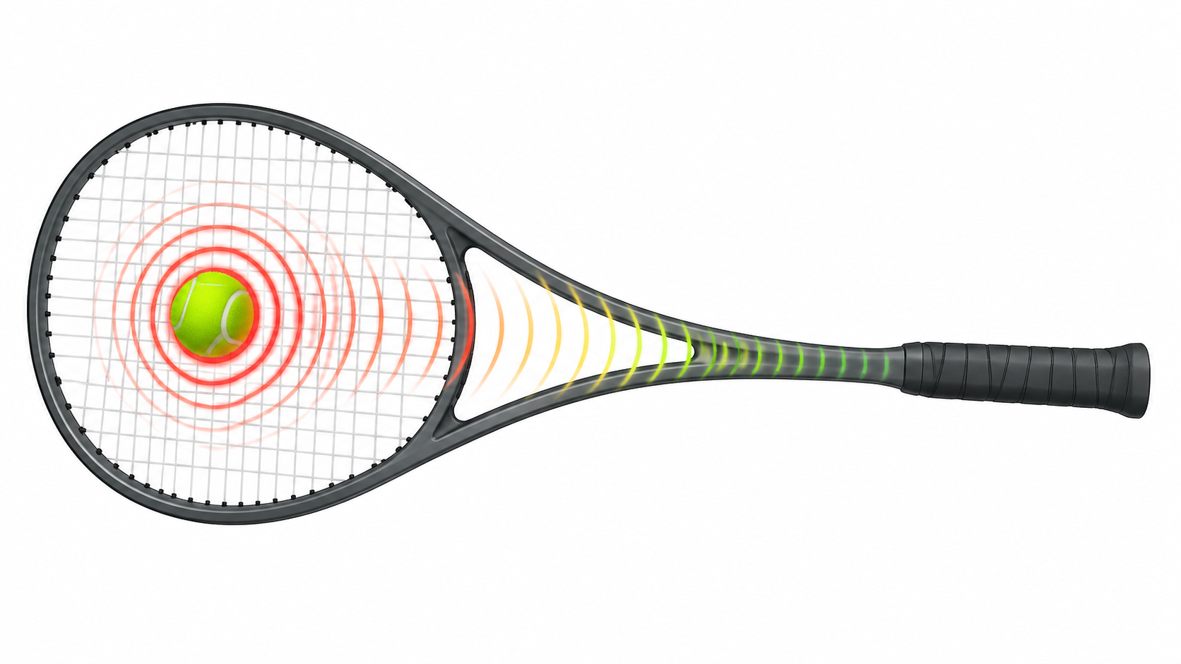 Technical illustration of a tennis racket showing vibration waves travelling from ball impact at the head (red) fading to green at the handle, demonstrating dampening
